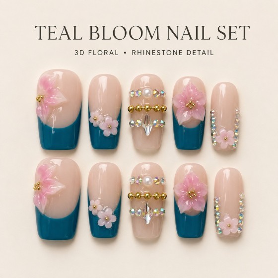 Teal French 3D Pink Flower Press‑On Nails, Nude Base Medium‑Long T‑Shape False Nails with Gold Beads & AB Rhinestones